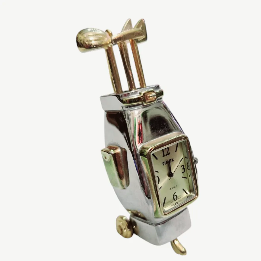 Minature Timex *Vtg. Silver/Gold Golf Bag w/ Clubs Watch Clock Quartz