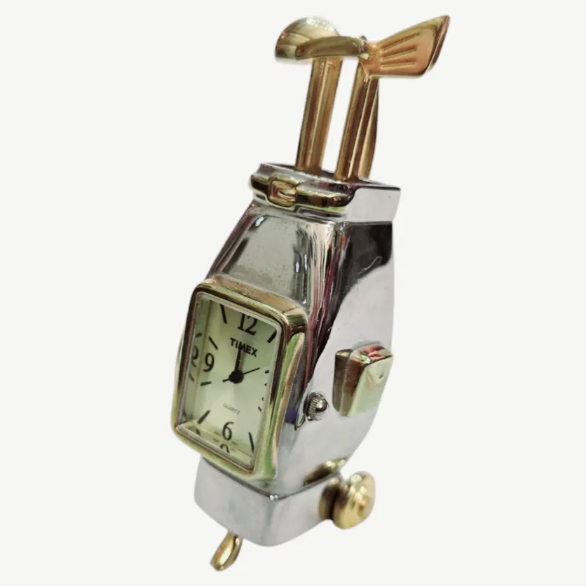 Minature Timex *Vtg. Silver/Gold Golf Bag w/ Clubs Watch Clock Quartz
