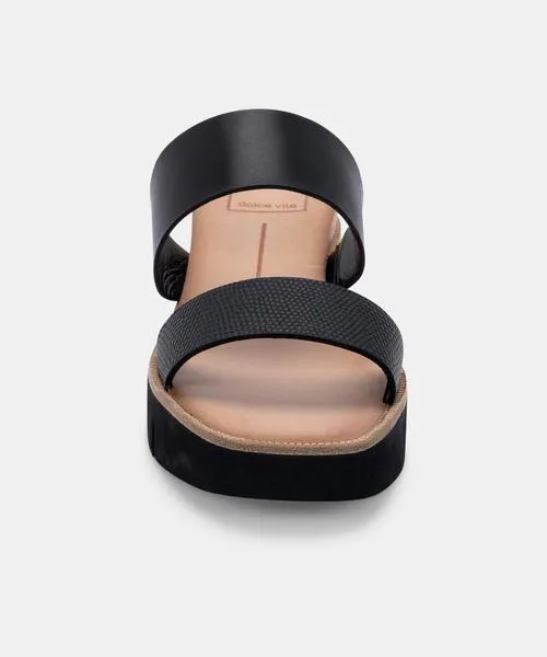 Parni Two Strap Embossed Leather Sandal | Black Leather