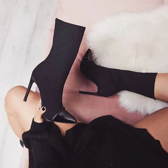 Patchwork Suede Pointed Calf Sock Boots