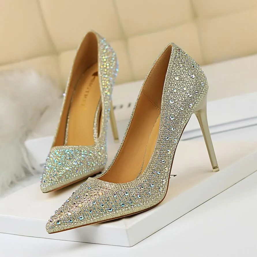 Point Toe Rhinestone Stiletto Heel Ankle Pumps