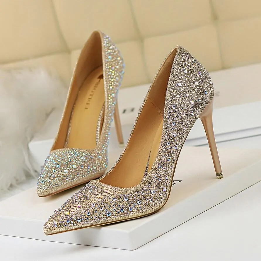 Point Toe Rhinestone Stiletto Heel Ankle Pumps