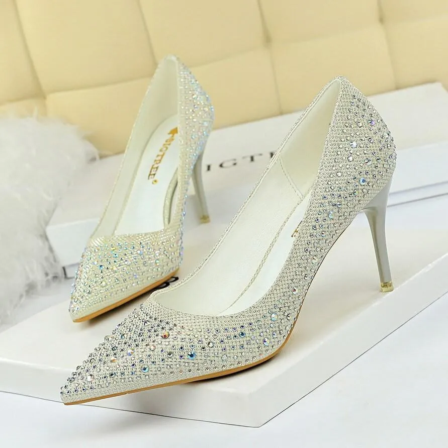 Point Toe Rhinestone Stiletto Heel Ankle Pumps
