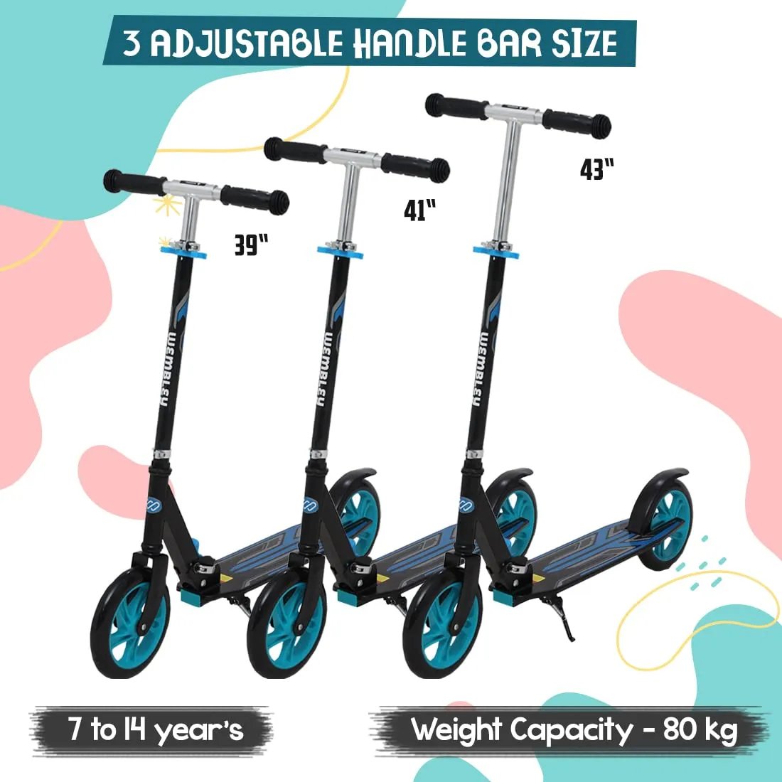 Wembley Kick Scooter for Kids | 2 Wheels Steel Frame Foldable and 3 Adjustable Height | Skating Cycle for Kids 6-12 to 14 Years Boys Girls - Blue BIS Certified - Capacity 50kg