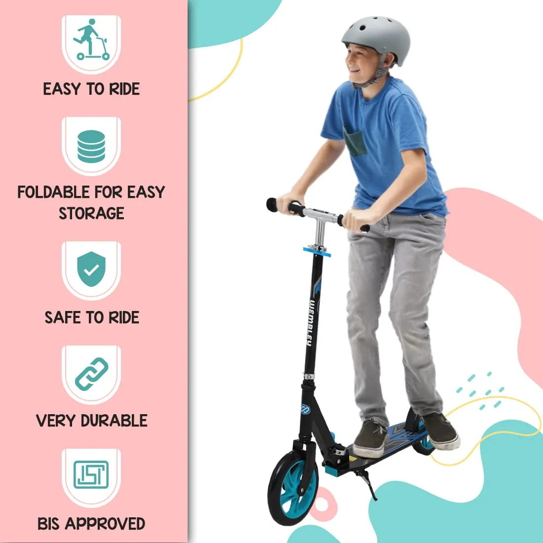 Wembley Kick Scooter for Kids | 2 Wheels Steel Frame Foldable and 3 Adjustable Height | Skating Cycle for Kids 6-12 to 14 Years Boys Girls - Blue BIS Certified - Capacity 50kg