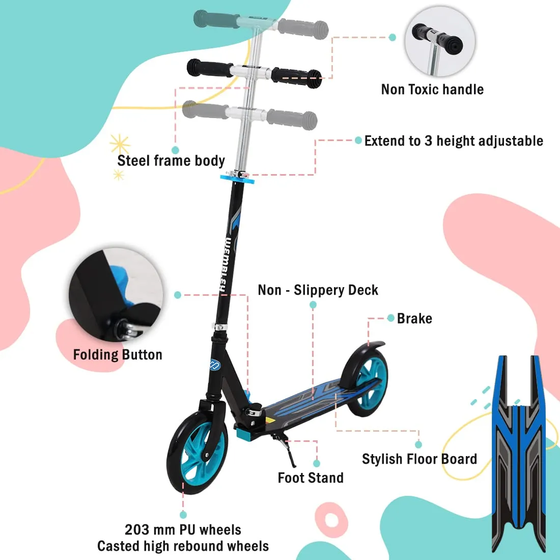 Wembley Kick Scooter for Kids | 2 Wheels Steel Frame Foldable and 3 Adjustable Height | Skating Cycle for Kids 6-12 to 14 Years Boys Girls - Blue BIS Certified - Capacity 50kg