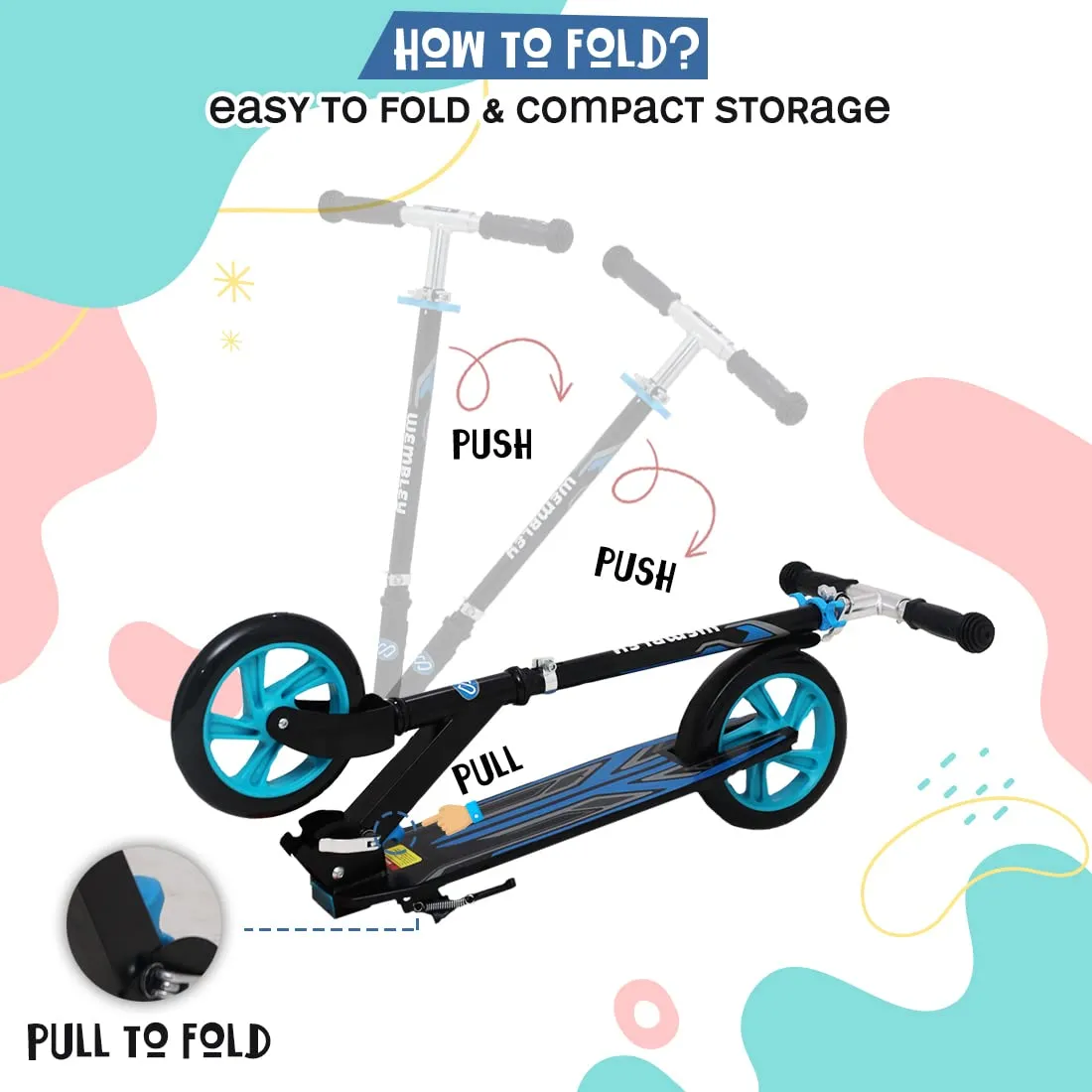 Wembley Kick Scooter for Kids | 2 Wheels Steel Frame Foldable and 3 Adjustable Height | Skating Cycle for Kids 6-12 to 14 Years Boys Girls - Blue BIS Certified - Capacity 50kg