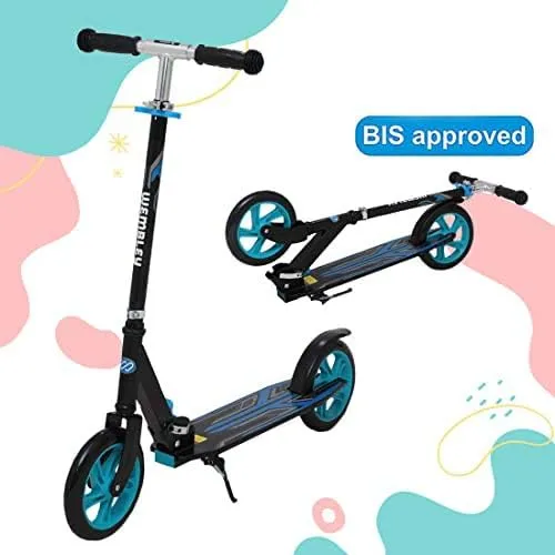 Wembley Kick Scooter for Kids | 2 Wheels Steel Frame Foldable and 3 Adjustable Height | Skating Cycle for Kids 6-12 to 14 Years Boys Girls - Blue BIS Certified - Capacity 50kg