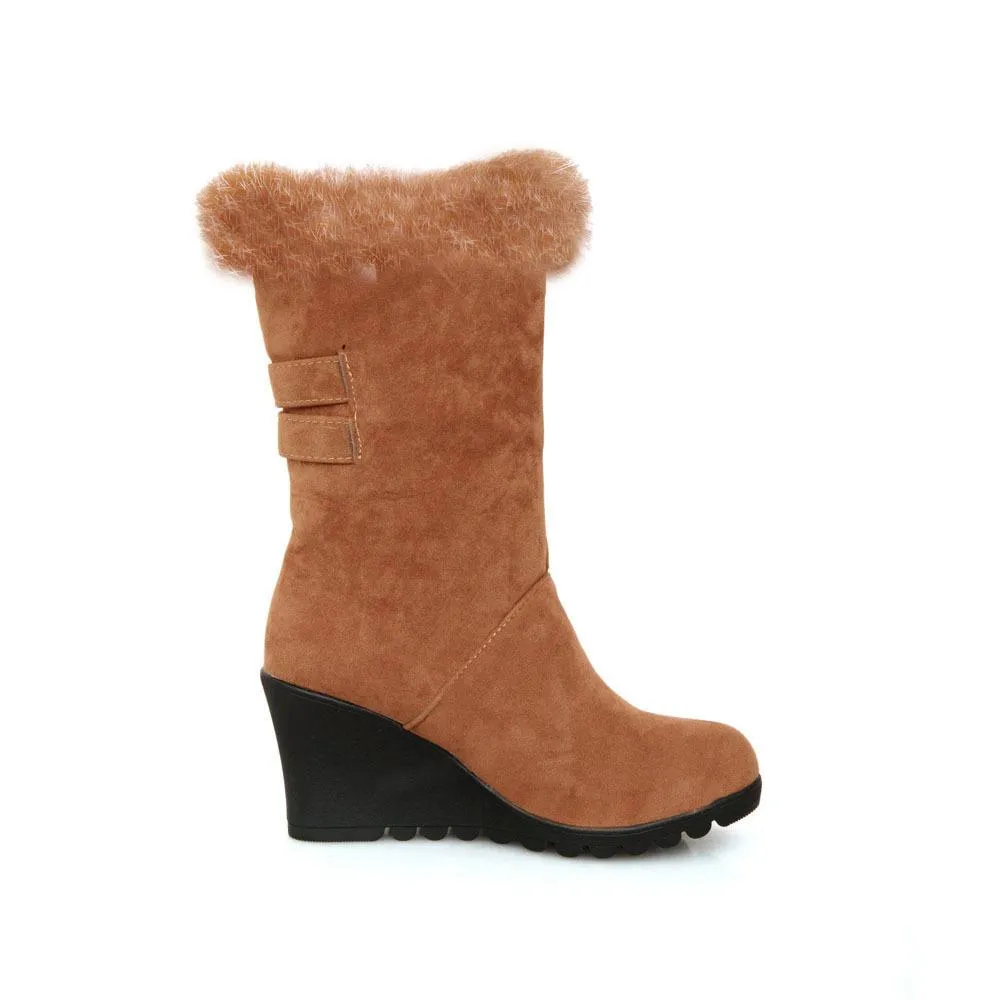 Women's fuzzy plush warm wedge heeled mid calf snow boots