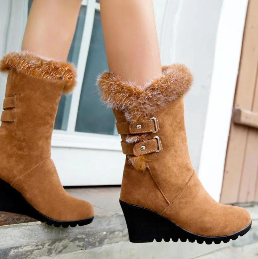 Women's fuzzy plush warm wedge heeled mid calf snow boots
