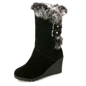 Women's fuzzy plush warm wedge heeled mid calf snow boots