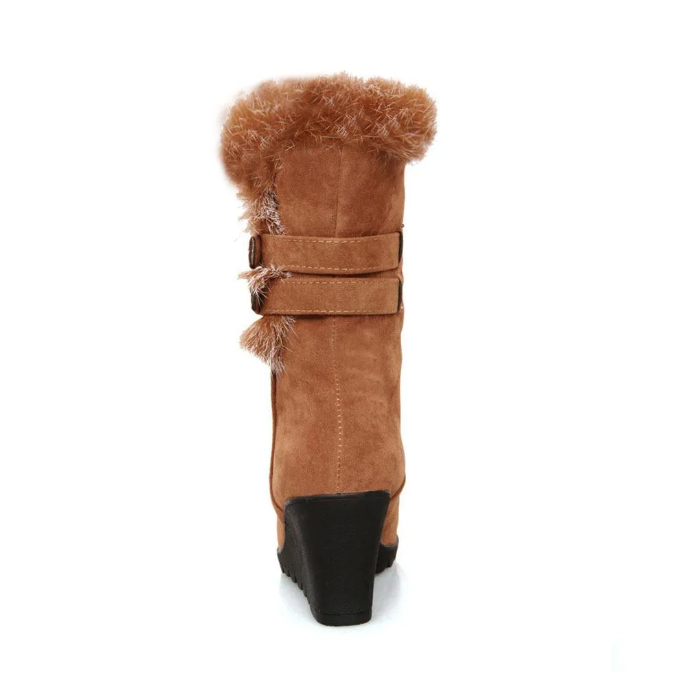 Women's fuzzy plush warm wedge heeled mid calf snow boots