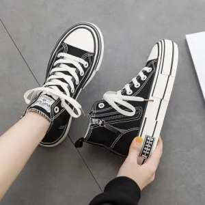 Women's Korean Style Side Zipper Black Female White Canvas Shoes