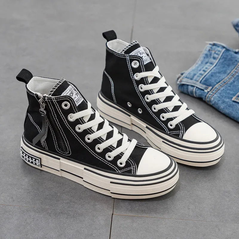 Women's Korean Style Side Zipper Black Female White Canvas Shoes