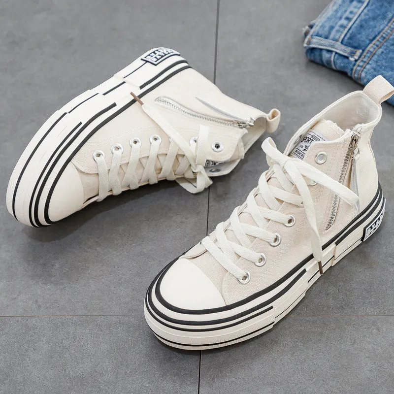 Women's Korean Style Side Zipper Black Female White Canvas Shoes