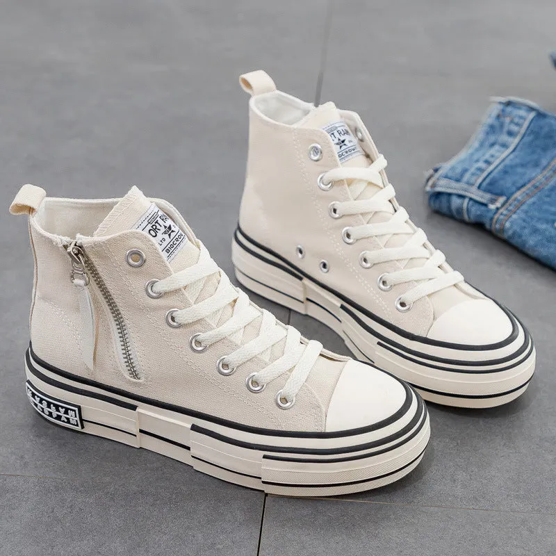 Women's Korean Style Side Zipper Black Female White Canvas Shoes