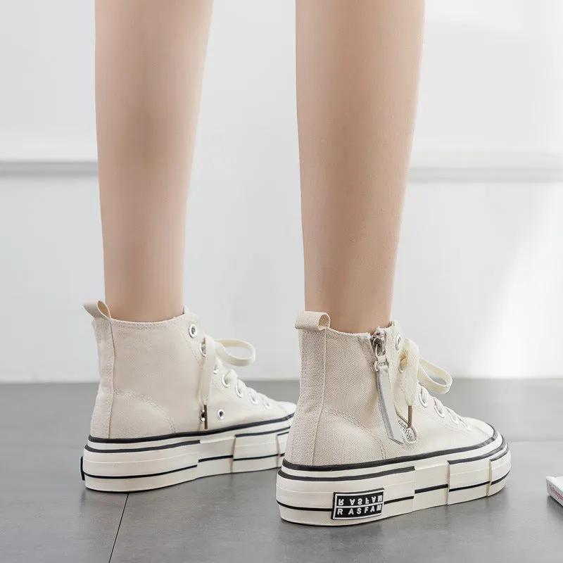 Women's Korean Style Side Zipper Black Female White Canvas Shoes
