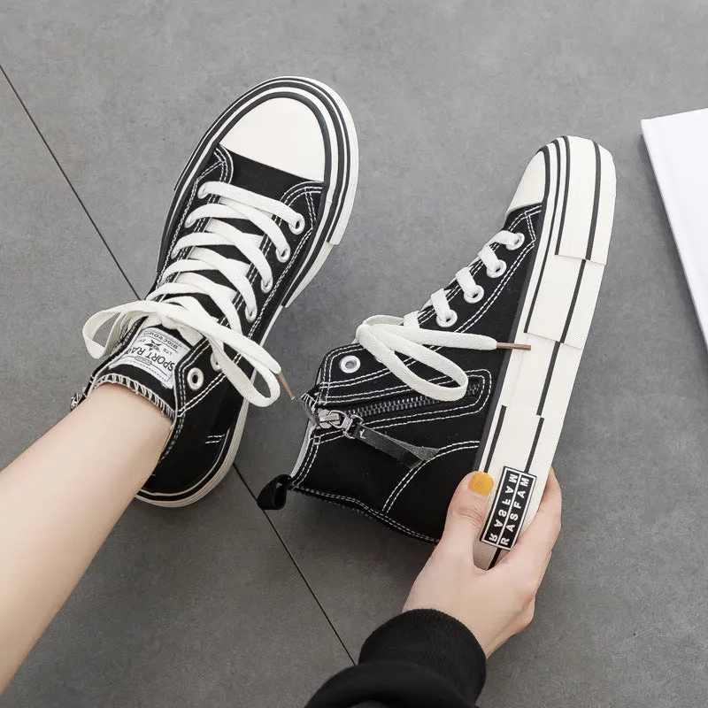 Women's Korean Style Side Zipper Black Female White Canvas Shoes