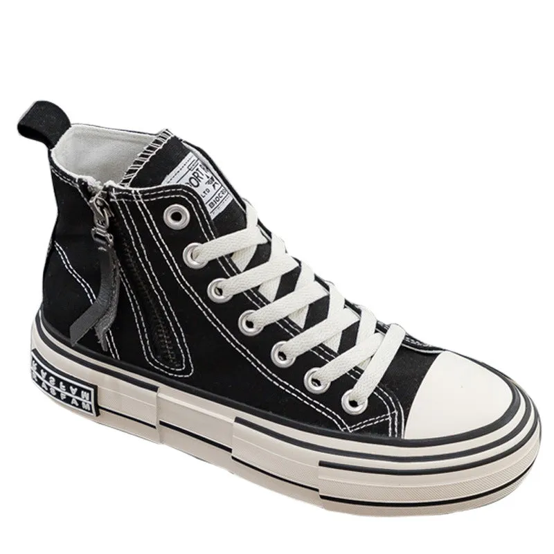Women's Korean Style Side Zipper Black Female White Canvas Shoes