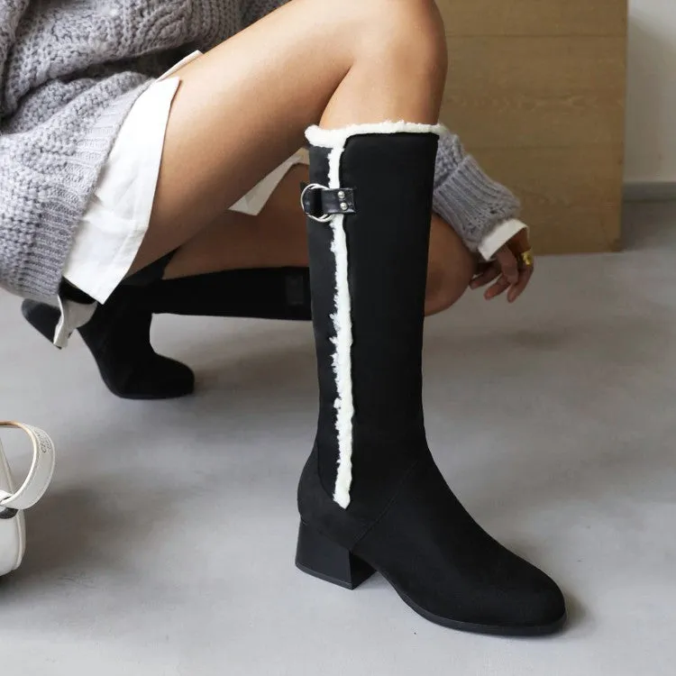 Women's Lamb Wool Patchwork Puppy Heel Knee High Boots